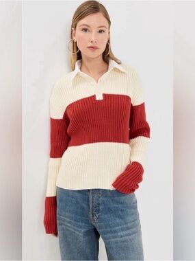 Lioness Ribbed Stripe Polo Sweater - Cream & Rust